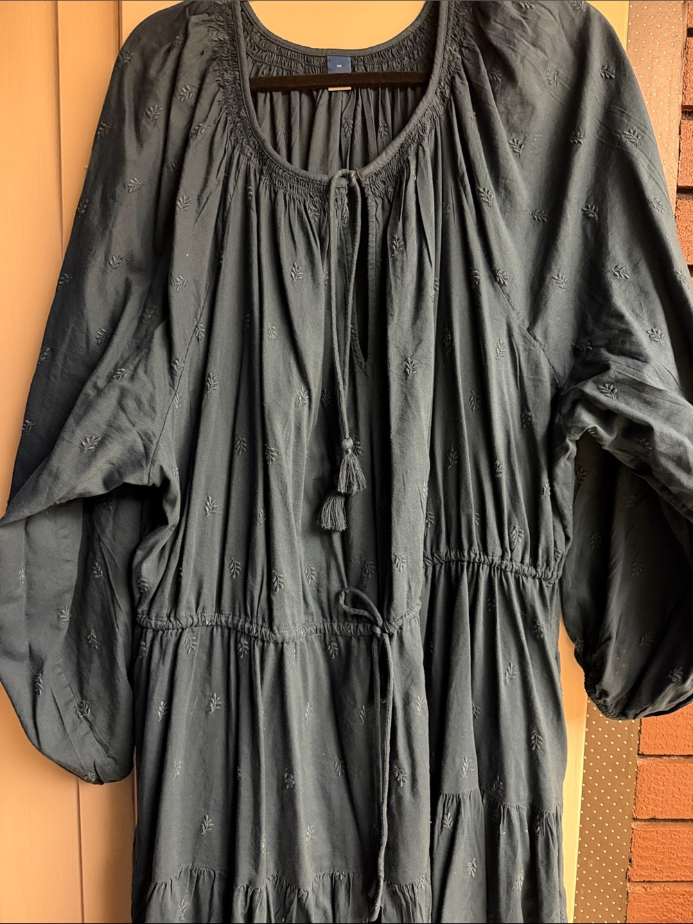 Old Navy Embroidered Peasant Dress with Tassel Tie in Dark Teal